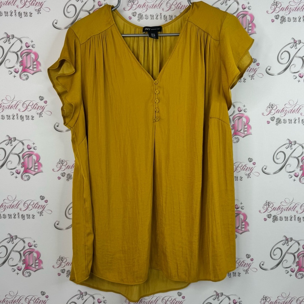 Jones New York tshirt button up ruffle sleeves pleated Mustard Blouse